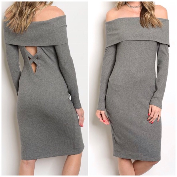 LAST3️⃣//GRAY RIBBED OFF SHOULDER MIDI DRESS - Picture 3 of 9